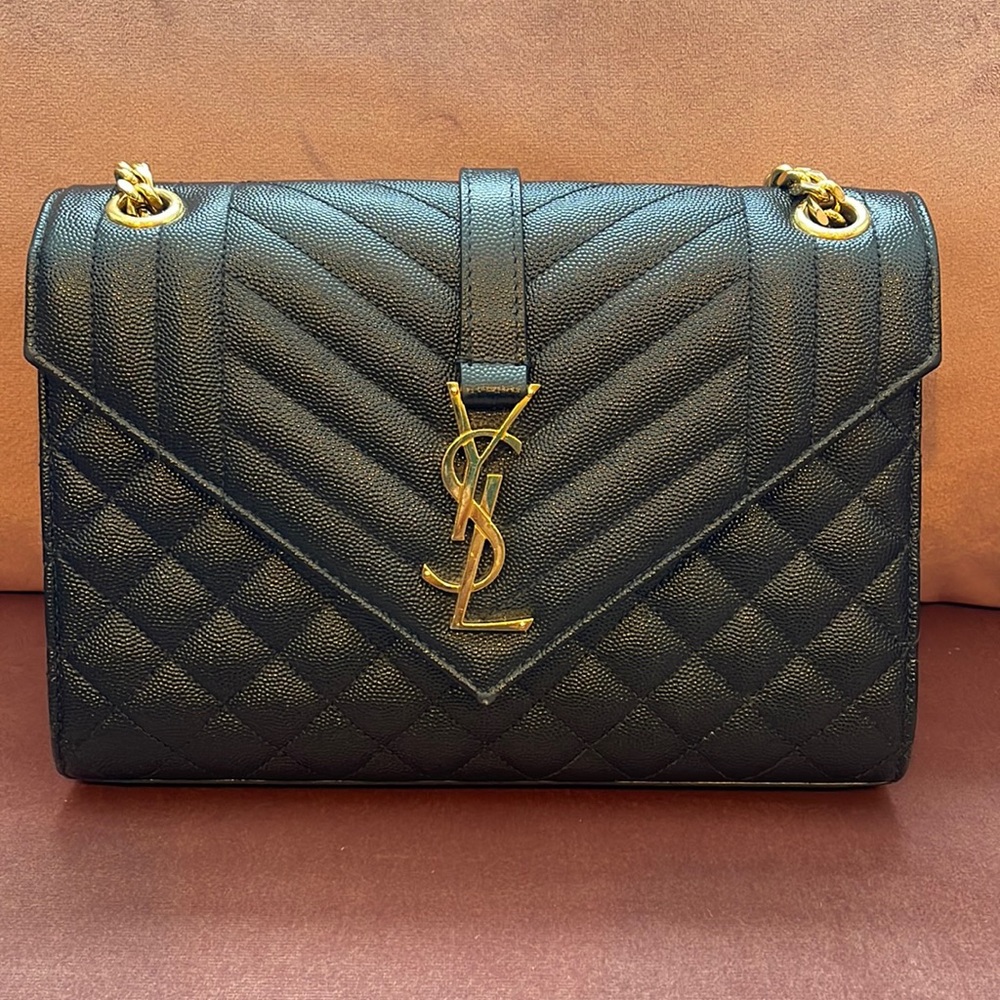 YSL Authentic Envelope Triquilt Medium Shoulder Bag in Grained Leather